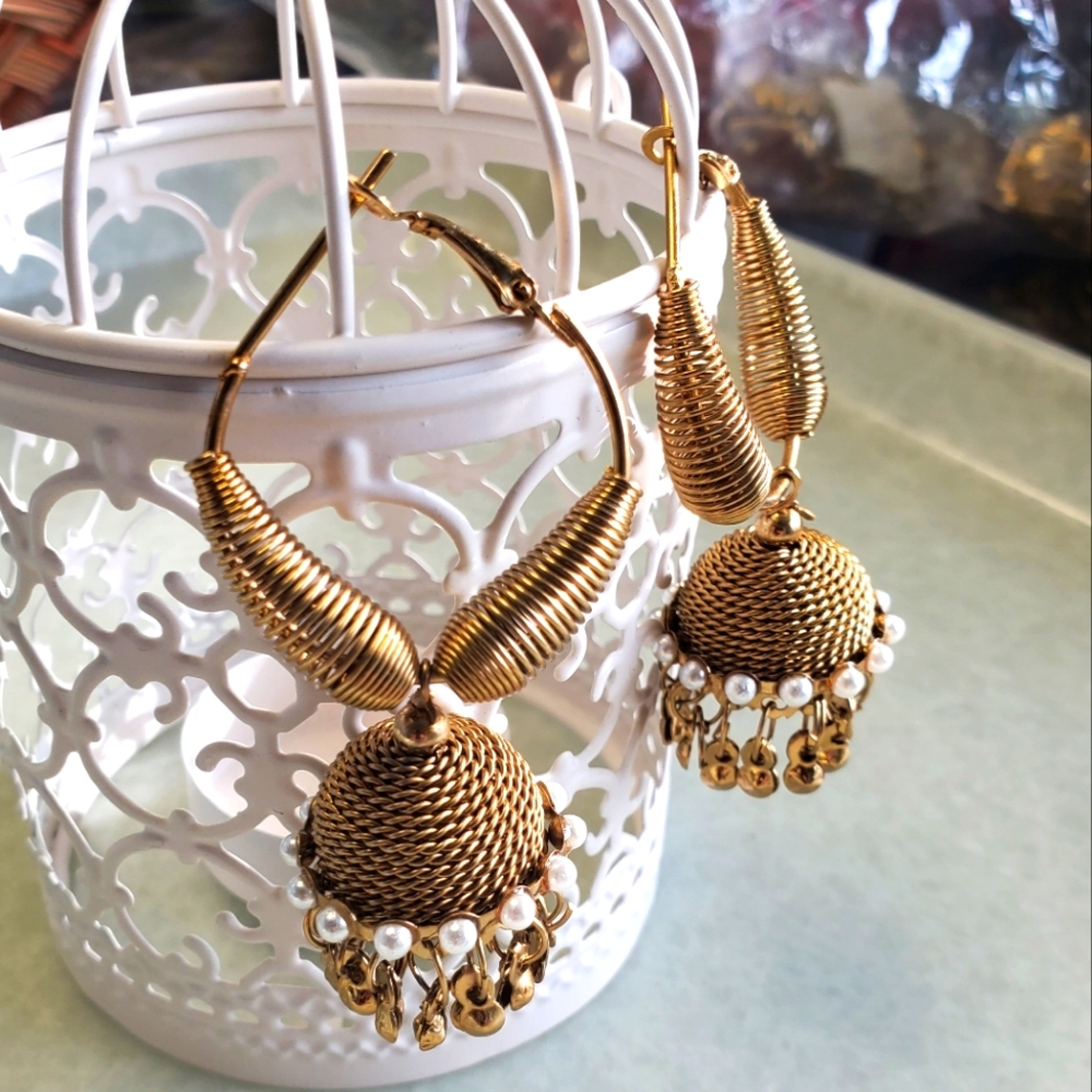 Golden Weight Less Pearl Hoops with Jhumki